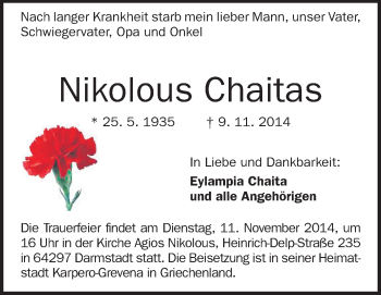 Traueranzeige von Nikolaus Chaitas von Echo-Zeitungen (Gesamtausgabe)