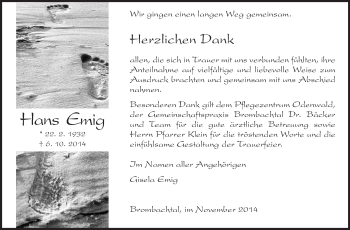 Traueranzeige von Hans Emig von Odenwälder Echo