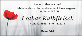 Traueranzeige von Lothar Kalbfleisch von Rüsselsheimer Echo, Groß-Gerauer-Echo, Ried Echo