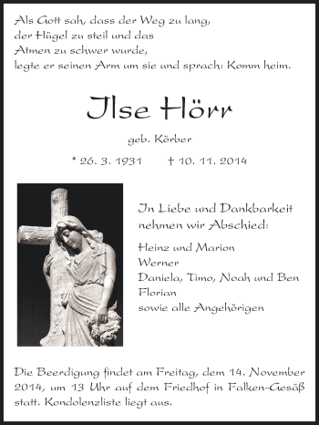 Traueranzeige von Ilse Hörr von Odenwälder Echo