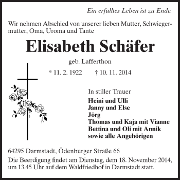 Traueranzeige von Elisabeth Schäfer von Echo-Zeitungen (Gesamtausgabe)