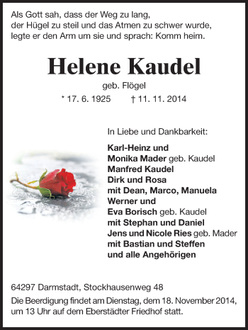 Traueranzeige von Helene Kaudel von Echo-Zeitungen (Gesamtausgabe)