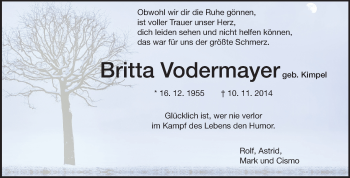 Traueranzeige von Britta Vodermayer von Rüsselsheimer Echo, Groß-Gerauer-Echo, Ried Echo