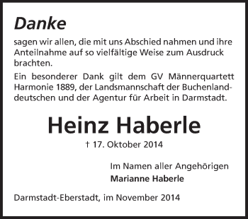 Traueranzeige von Heinz Haberle von Echo-Zeitungen (Gesamtausgabe)