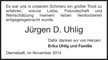 Traueranzeige von Jürgen  Uhlig von Echo-Zeitungen (Gesamtausgabe)