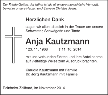 Traueranzeige von Anja Kautzmann von Echo-Zeitungen (Gesamtausgabe)