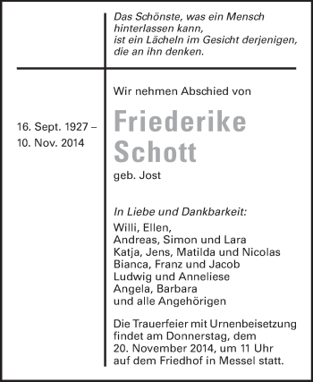 Traueranzeige von Friederike Schott von Echo-Zeitungen (Gesamtausgabe)