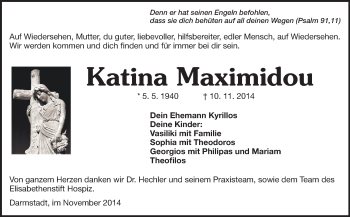 Traueranzeige von Katina Maximidou von Echo-Zeitungen (Gesamtausgabe)