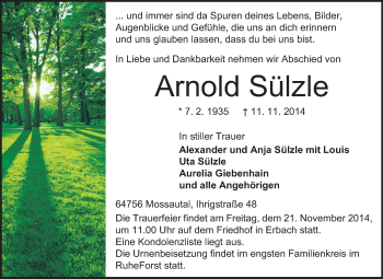 Traueranzeige von Arnold Sülzle von Odenwälder Echo