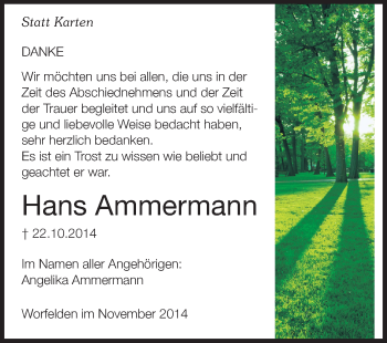Traueranzeige von Hans Ammermann von Rüsselsheimer Echo, Groß-Gerauer-Echo, Ried Echo