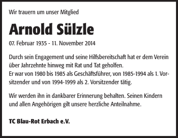 Traueranzeige von Arnold Sülzle von Odenwälder Echo