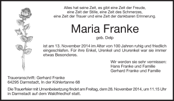 Traueranzeige von Maria Franke von Echo-Zeitungen (Gesamtausgabe)