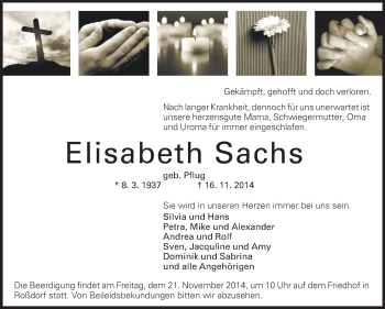 Traueranzeige von Elisabeth Sachs von Echo-Zeitungen (Gesamtausgabe)