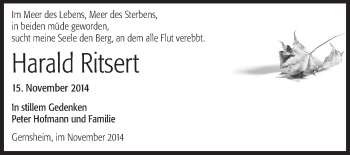 Traueranzeige von Harald Ritsert von Rüsselsheimer Echo, Groß-Gerauer-Echo, Ried Echo