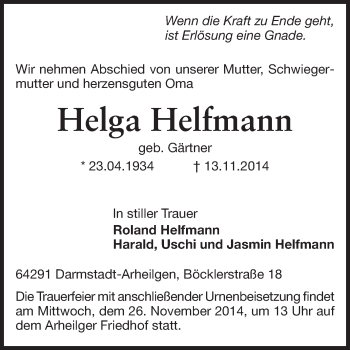 Traueranzeige von Helga Helfmann von Echo-Zeitungen (Gesamtausgabe)