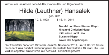 Traueranzeige von Hilde Hansalek von Echo-Zeitungen (Gesamtausgabe)