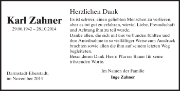 Traueranzeige von Karl Zahner von Echo-Zeitungen (Gesamtausgabe)