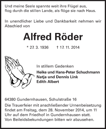 Traueranzeige von Alfred Röder von Echo-Zeitungen (Gesamtausgabe)