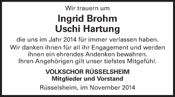 Traueranzeige von Gedenken an Mitglieder Volkschor von Rüsselsheimer Echo, Groß-Gerauer-Echo, Ried Echo