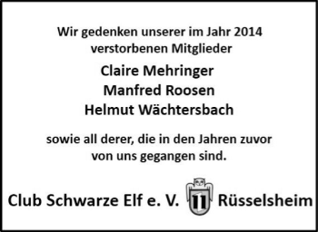 Traueranzeige von Gedenken an Mitglieder Club Schwarze Elf e.V. von Rüsselsheimer Echo, Groß-Gerauer-Echo, Ried Echo