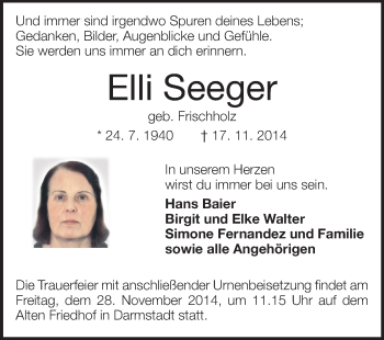 Traueranzeige von Elli Seeger von Echo-Zeitungen (Gesamtausgabe)