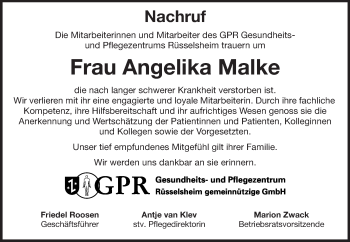 Traueranzeige von Angelika Malke von Rüsselsheimer Echo, Groß-Gerauer-Echo, Ried Echo