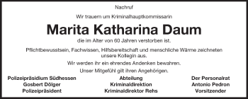 Traueranzeige von Marita Katharina Daum von Echo-Zeitungen (Gesamtausgabe)
