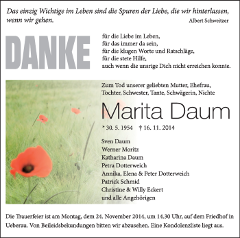 Traueranzeige von Marita Daum von Echo-Zeitungen (Gesamtausgabe)