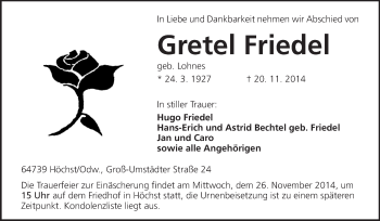 Traueranzeige von Gretel Friedel von Odenwälder Echo