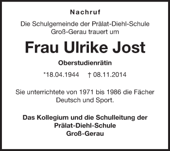 Traueranzeige von Ulrike Jost von Echo-Zeitungen (Gesamtausgabe)