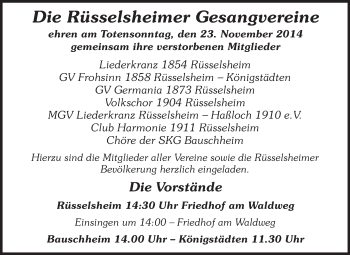 Traueranzeige von Gedenken an Mitglieder Gesangvereine von Rüsselsheimer Echo, Groß-Gerauer-Echo, Ried Echo
