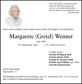 Traueranzeige von Margarete Wenner von Echo-Zeitungen (Gesamtausgabe)