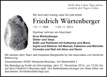 Traueranzeige von Friedrich Würtenberger von Echo-Zeitungen (Gesamtausgabe)