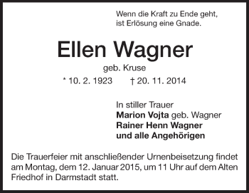 Traueranzeige von Ellen Wagner von Echo-Zeitungen (Gesamtausgabe)