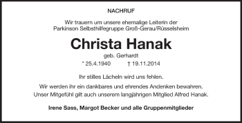 Traueranzeige von Christa Hanak von Rüsselsheimer Echo, Groß-Gerauer-Echo, Ried Echo