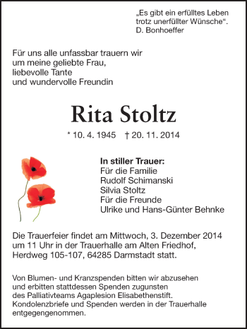 Traueranzeige von Rita Stoltz von Echo-Zeitungen (Gesamtausgabe)