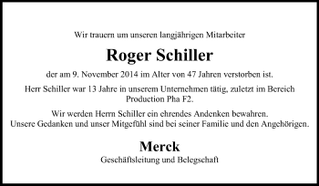 Traueranzeige von Roger Schiller von Echo-Zeitungen (Gesamtausgabe)