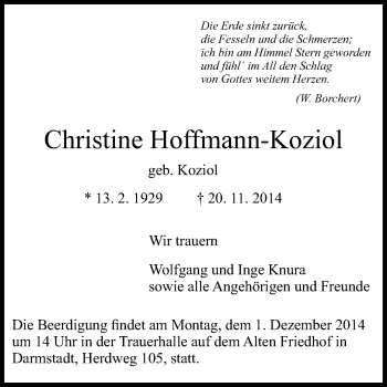 Traueranzeige von Christine Hoffmann-Koziol von Echo-Zeitungen (Gesamtausgabe)