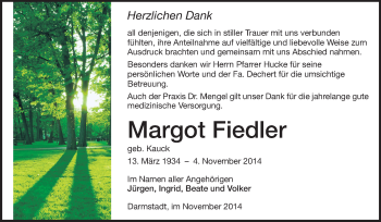 Traueranzeige von Margot Fiedler von Echo-Zeitungen (Gesamtausgabe)