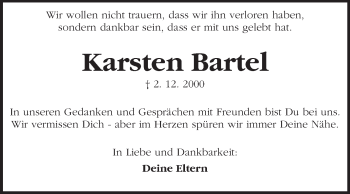 Traueranzeige von Karsten Bartel von Echo-Zeitungen (Gesamtausgabe)