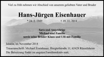 Traueranzeige von Hans-Jürgen Eisenhauer von Rüsselsheimer Echo, Groß-Gerauer-Echo, Ried Echo