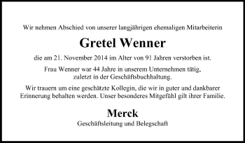 Traueranzeige von Gretel Wenner von Echo-Zeitungen (Gesamtausgabe)