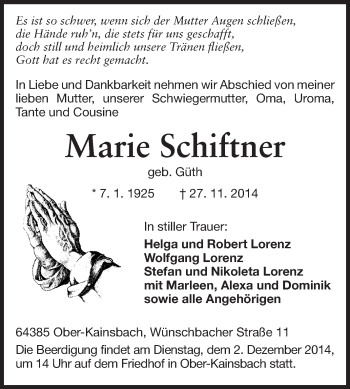Traueranzeige von Marie Schiftner von Odenwälder Echo