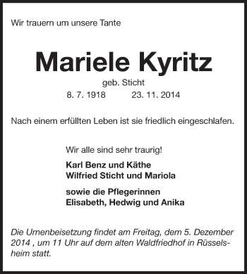Traueranzeige von Mariele Kyritz von Rüsselsheimer Echo, Groß-Gerauer-Echo, Ried Echo