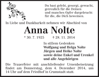 Traueranzeige von Anna Nolte von Rüsselsheimer Echo, Groß-Gerauer-Echo, Ried Echo