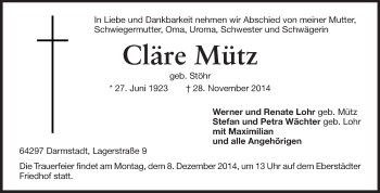 Traueranzeige von Cläre Mütz von Echo-Zeitungen (Gesamtausgabe)