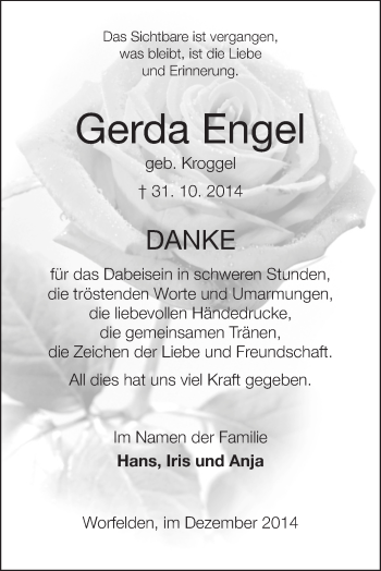 Traueranzeige von Gerda Engel von Rüsselsheimer Echo, Groß-Gerauer-Echo, Ried Echo