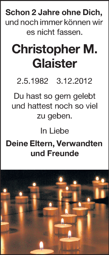 Traueranzeige von Christopher M. Glaister von Rüsselsheimer Echo, Groß-Gerauer-Echo, Ried Echo
