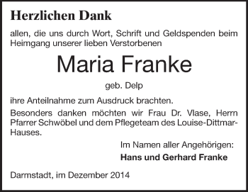 Traueranzeige von Maria Franke von Echo-Zeitungen (Gesamtausgabe)