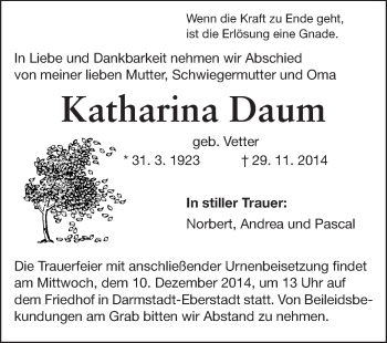 Traueranzeige von Katharina Daum von Echo-Zeitungen (Gesamtausgabe)